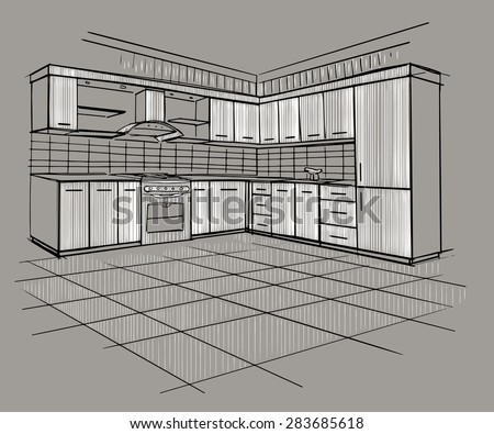 Modern interior sketch of corner kitchen. Design house. Architecture.