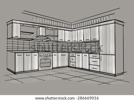 Modern interior sketch of corner kitchen. Design house. Architecture.