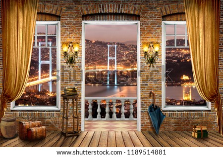 3d wallpaper design of istanbul bridge in bosphorus turkey with woom effect and curtain window and terrace for photomural