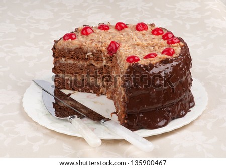 German Chocolate Cake on Platter on Tablecloth