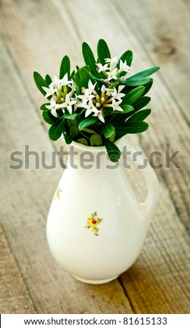 A White Pottery Vase filled with Tiny Flowers in a Moody, Rustic Setting