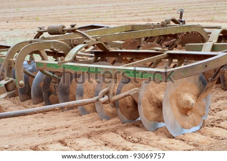 Closeup of Farm Plowing Equipment Called a Disc in a Vegetable Farm Field