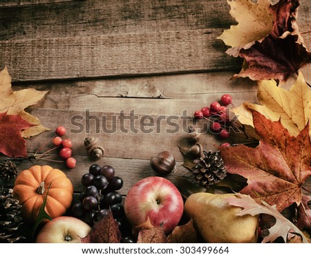 Peaceful Fall Fruit, Leaf, Acorn Still Life Arrangement on Rustic Wood Board Table Background with room or space for copy, text, your words.  Horizontal dark, warm, vintage tone. Good as vertical