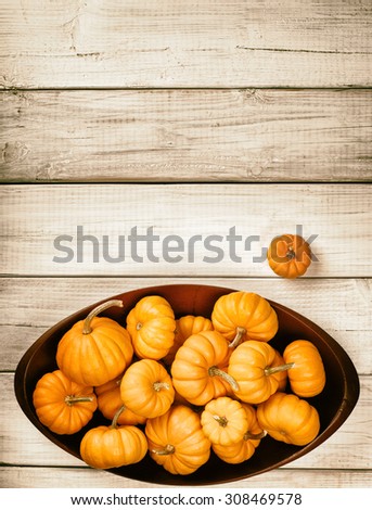 Many Thanksgiving, Colorful Fall Mini Pumpkins in a Wood Bowl on bottom on Rustic White or brown Painted Board Background with room or space for copy, text, your words  Above view sepia vertical