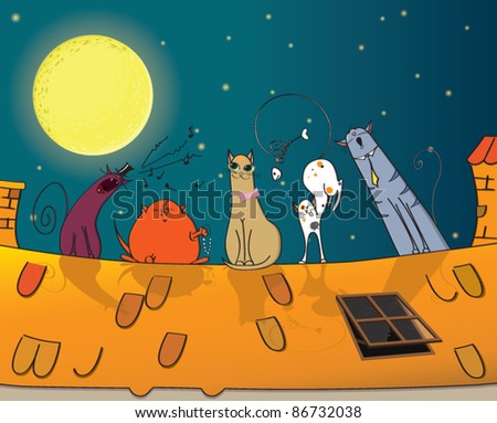 Cat Dating On A Roof Under The Night Sky Stock Vector 86732038