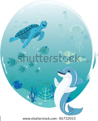 Sea Life. Underwater scene with swimming animals.