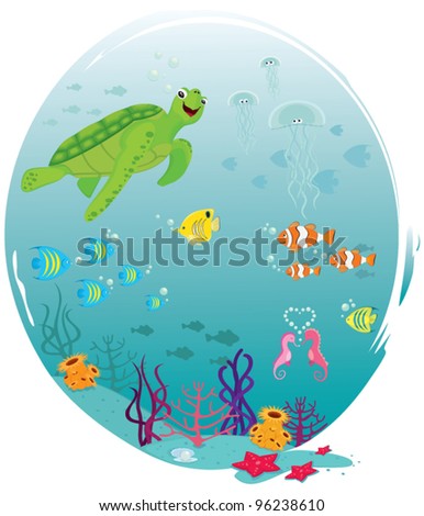 Sea Life. Underwater scene with swimming animals