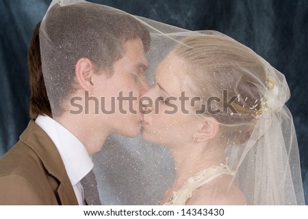 Wedding portrait of a newly-married couple. The groom kisses the bride