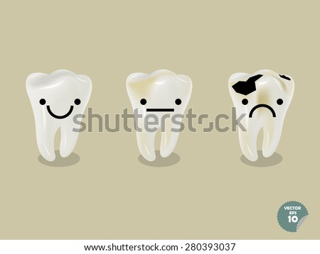 set of emotion cartoon tooth including healthy tooth and decayed tooth