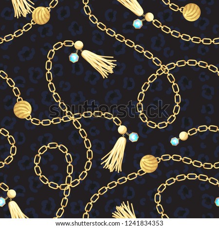 Chain gold belt pattern fashion design. Jewelry pendants accessories seamless print with animal skin texture for scarves, fabric and dress.