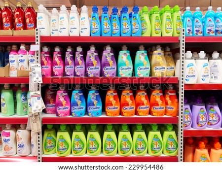 BUCHAREST, ROMANIA NOVEMBER 11, 2014. Fabric softener shelf in a supermarket on November 11, 2014 in Bucharest. Fabric softener or conditioner is used to prevent static cling and make fabric softer.