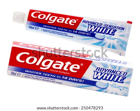 BUCHAREST, ROMANIA FEBRUARY 06, 2015. Colgate Toothpaste, Advanced Sensation White, isolated on white. Colgate is a brand of toothpaste produced by Colgate-Palmolive.