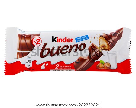 BUCHAREST, ROMANIA - MARCH 21, 2015. Kinder Bueno, milk and hazelnuts. Kinder Bueno is a chocolate bar, a very popular dessert for children, made by Italian confectionery maker Ferrero.