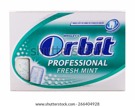 BUCHAREST, ROMANIA - APRIL 4, 2015. Orbit Fresh Mint chewing gum produced by the Wrigley. Orbit is a brand of sugarless chewing gum that provides the benefit of teeth cleaning with an enjoyable chew.