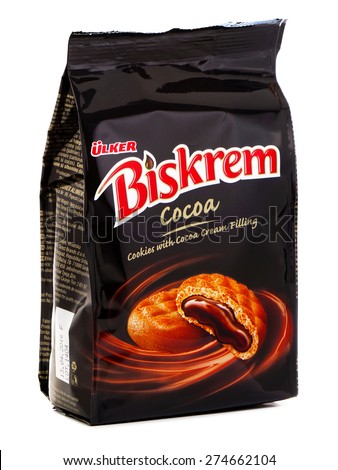BUCHAREST, ROMANIA - MAY 3, 2015. Ulker Biskrem Cocoa, Cookies filled with cocoa cream. Ulker is a major Turkish manufacturer of food products like biscuits, cookies, crackers, and chocolates.