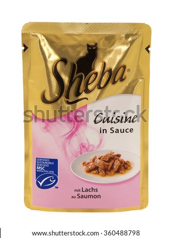 BUCHAREST, ROMANIA - JANUARY 10, 2016. Sheba Cuisine in Sauce, pouches of wet cat food. Sheba is a brand of premium canned cat food produced by Mars, Incorporated.