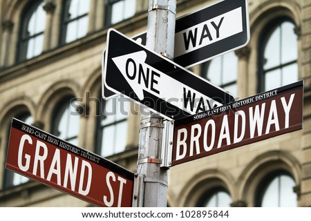 Road signs in Manhattan, New York city, USA.