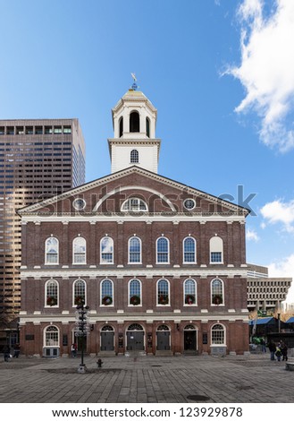 BOSTON, USA - January 5, 2013: Market place and meeting hall since 1742, the Faneuil Hall was also the site of several speeches by Samuel Adams and James Otis. Seen in the morning on January 5, 2013..
