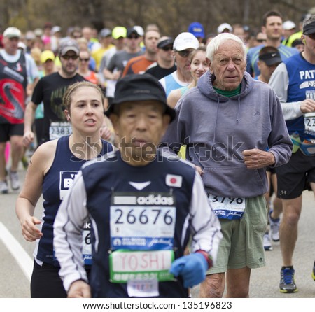 HOPKINTON, USA - APRIL 15: The 2013 Boston Marathon had athletes of all ages and races at the starting line in Hopkinton, Massachusetts, USA on April 15, 2013.