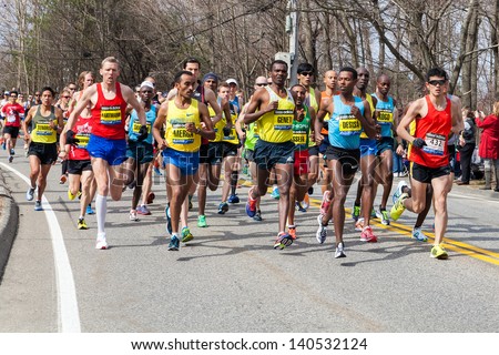 Hopkinton, Usa - April 15: Elite Men Wave One Right After The Start Of The Boston Marathon 2013 In The City Of Hopkinton Heading To The Finishing Line In Boston, Massachusetts, Usa On April 15, 2013.