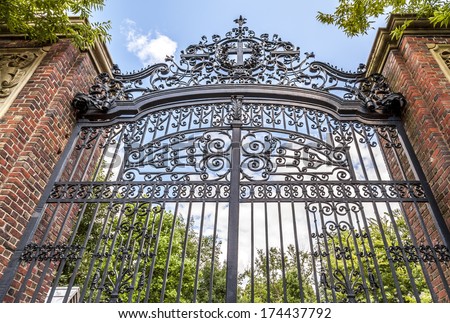Harvard University\'s iron gate in Cambridge, Massachusetts, USA.