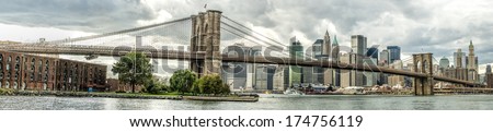 NEW YORK, USA - JUNE 10: The Brooklyn Bridge connects Manhattan to Brooklyn and is a landmark and sightseeing of New York city in the USA as seen on June 10, 2013.
