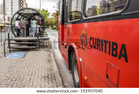 CURITIBA, BRAZIL - APRIL 4: The public transportation of Curitiba with its integrated bus stops is a landmark of Curitiba in Parana, Brazil and an model for the country photographed on April 4, 2014.