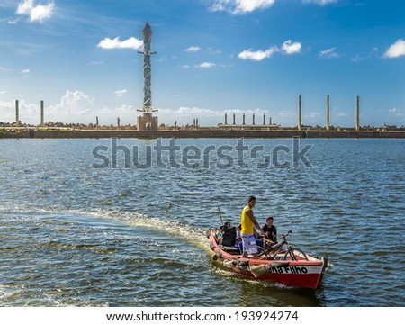 RECIFE, BRAZIL - MARCH 17, 2014: View of Marco Zero in Recife, Pernambuco, Brazil with the famous Francisco Brennand\'s ceramic sculpture on the background on March 17, 2014.