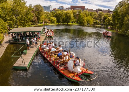 BOSTON, USA - JUNE 20: Panoramic view of Boston in MA, USA showcasing the Boston Public Garden at Beacon Hill with locals and tourists riding the swan boats on a sunny summer day on June 20, 2014.