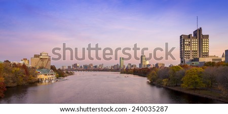Panoramic view of Boston in Massachusetts, USA at sunset showcasing the architecture of Back Bay at sunset.