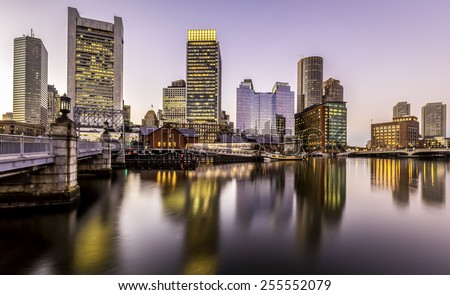 Panoramic view of Boston in Massachusetts, USA at sunset showcasing the architecture of  its Financial District at sunset.
