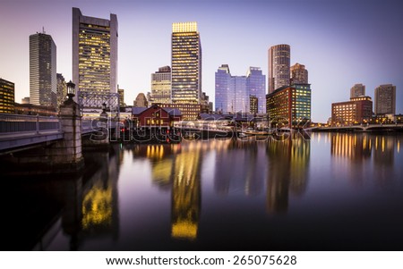 Panoramic view of Boston in Massachusetts, USA showcasing the architecture of its Financial District at Back Bay at sunset.