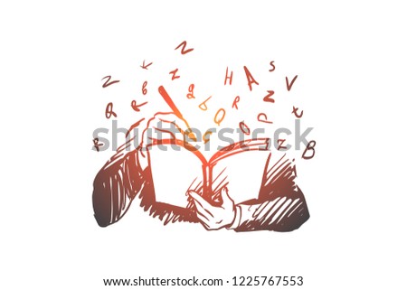 Book, knowledge, student, read, letters concept. Hand drawn person reading book concept sketch. Isolated vector illustration.