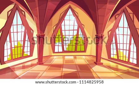 Ballroom with shaped windows vector illustration of royal gothic palace hall or royal chamber with yellow sun reflection on tiled floor. Flat cartoon ball room or museum interior background