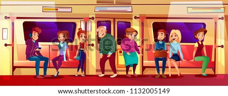 People in subway vector illustration of young boys and girls not giving seat place for elderly old man and woman standing in metro and holding by handhold in crowded train for social issue concept.