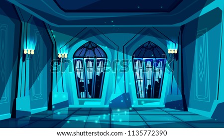 Vector dark gothic castle ballroom with stained-glass window. Hall for dancing, presentation or royal reception. Big room with lamps at night, columns in luxury medieval palace. Game background