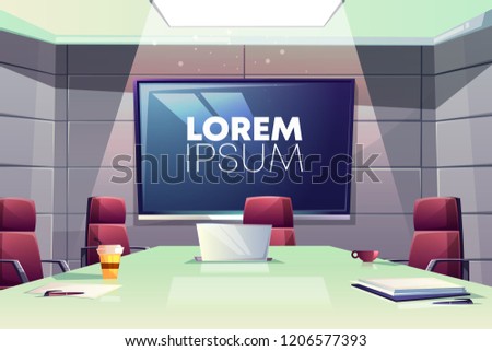 Business meeting or conference room interior cartoon vector illustration with comfortable armchairs, laptop on table and large screen for presentations on wall. Company boardroom negotiation concept