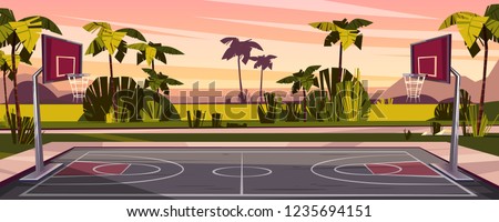 Vector cartoon background of basketball court on street. Outdoor sport arena with baskets for game. Playground for competition, championship. Backdrop with tropic palms, sunset sky and green field.