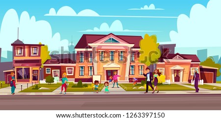 Vector cartoon illustration with street sidewalk and people on it. Children play, a couple walks outside. Cottage facades, estate block background. Landscape with asphalt road.