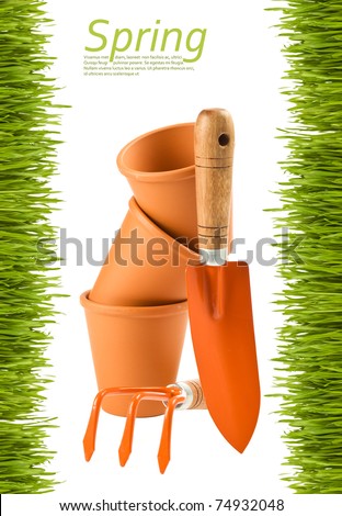Gardening tools and flower pots - isolated