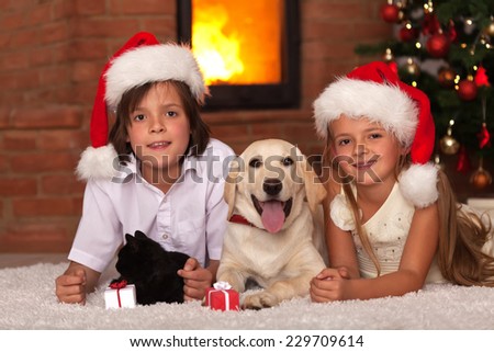 Kids with their pets at christmas time - enjoying the warmth of fireplace
