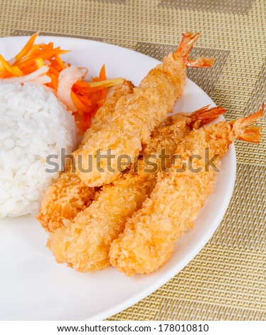 Fried Shrimps Ebi Tempura and rice in vertical orientation