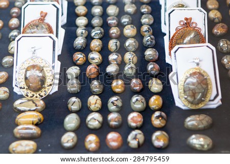 Bandung, Indonesia - June 6, 2015: Display lots of gemstone before process to ready to use accessory, taken in Gemstone exhibition from 3 until 7 June 2015 in Bandung Indonesia.