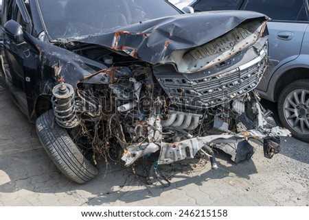 Damaged and crashed car by accident