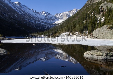 Rocky Mountains reflected in Mills Lake, Rocky Mountain National Park, Colorado