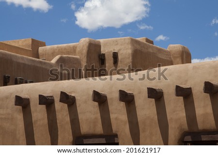 Adobe architecture on the plaza of Santa Fe, New Mexico.