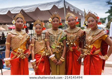 RESTON, VIRGINIA - SEPTEMBER 28, 2013:  Cambodian dancers at the free, public, family friendly annual Multi-Cultural festival on the outdoor plaza at Lake Anne.