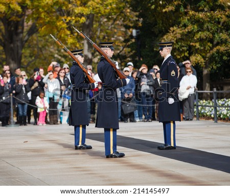 ARLINGTON, VIRGINIA - NOVEMBER 18, 2012:  Changing of the Guards at the Tomb of the Unknown Soldiers at Arlington National Cemetery is a solemn and beautiful ritual to honor fallen soldiers.