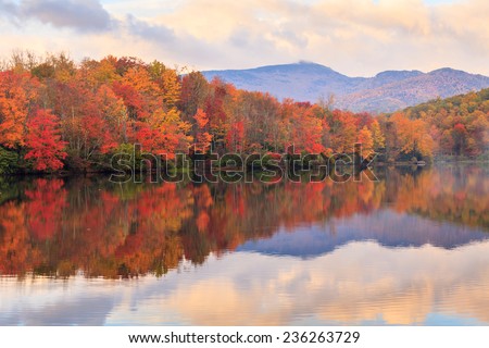 Autumn landscape of trees along Price Lake in western North Carolina off the Blue Ridge Parkway.