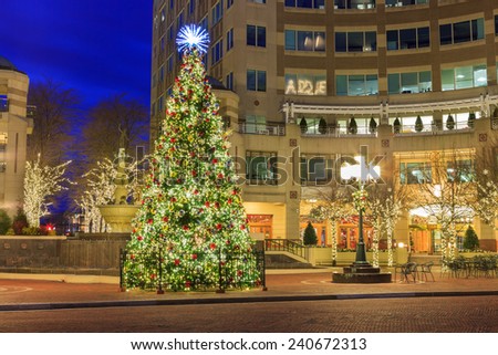 Decorated Christmas tree in outdoor plaza at Reston Town Center Virginia